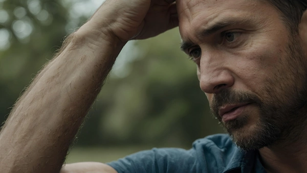 A man with a beard wearing a blue shirt looks thoughtfully at something