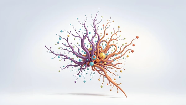 An illustration of a vibrant brain featuring various colorful spots representing different cognitive functions.